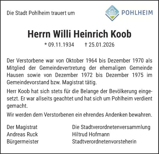 Traueranzeige von Willi Heinrich Koob von Pohlheimer Nachrichten