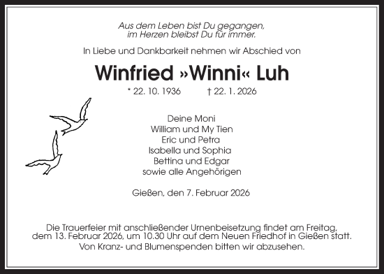 Traueranzeige von Winfried Luh von Giessener Allgemeine, Alsfelder Allgemeine, Giessener Anzeiger