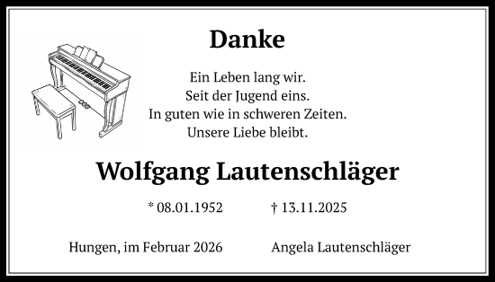 Traueranzeige von Wolfgang Lautenschläger von Licher Wochenblatt
