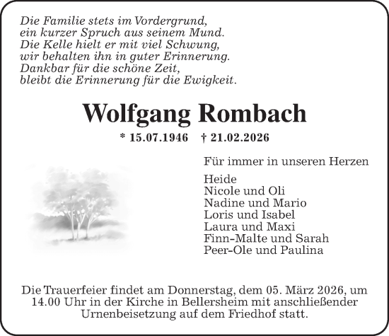 Traueranzeige von Wolfgang Rombach von Licher Wochenblatt