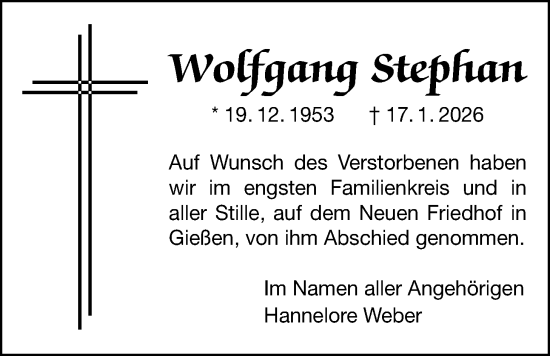 Traueranzeige von Wolfgang Stephan von Licher Wochenblatt
