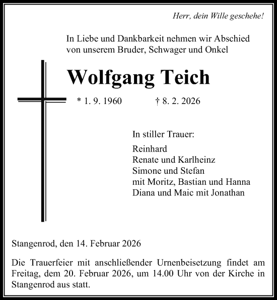 Traueranzeige von Wolfgang Teich von Giessener Allgemeine, Alsfelder Allgemeine