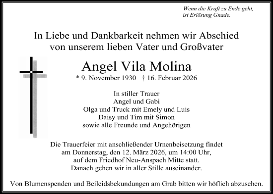 Traueranzeige von Angel Vila Molina von Usinger Anzeigenblatt