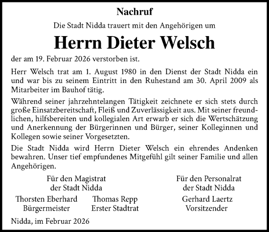 Traueranzeige von Dieter Welsch von Kreis-Anzeiger