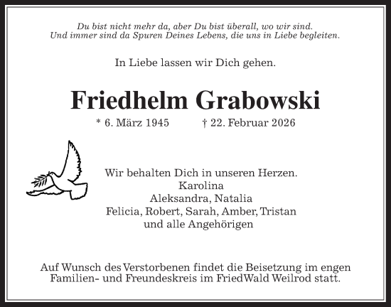 Traueranzeige von Friedhelm Grabowski von Usinger Anzeiger