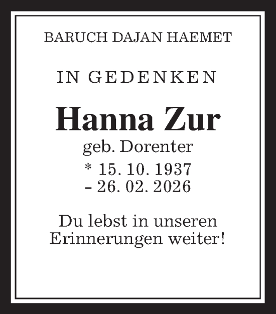 Traueranzeige von Hanna Zur von Wetterauer Zeitung
