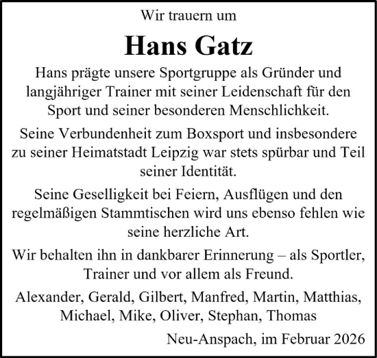 Traueranzeige von Hans Gatz von Usinger Anzeigenblatt