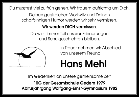 Traueranzeige von Hans Mehl von Kreis-Anzeiger, , 