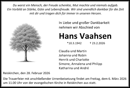 Traueranzeige von Hans Vaahsen von Giessener Allgemeine, Alsfelder Allgemeine, Giessener Anzeiger
