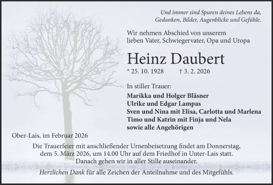 Traueranzeige von Heinz Daubert von Kreis-Anzeiger