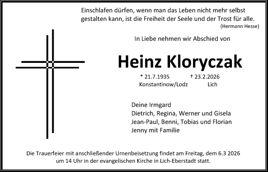 Traueranzeige von Heinz Kloryczak von Giessener Allgemeine, Alsfelder Allgemeine, Giessener Anzeiger