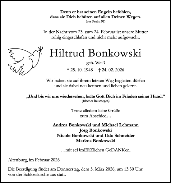 Traueranzeige von Hiltrud Bonkowski von Oberhessische Zeitung
