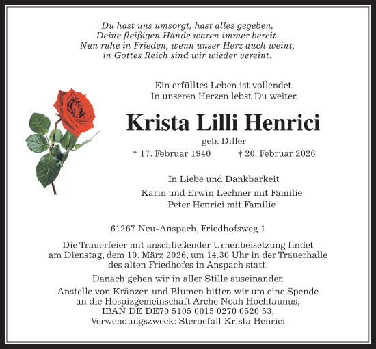 Traueranzeige von Krista Lilli Henrici von Usinger Anzeiger, Usinger Anzeigenblatt