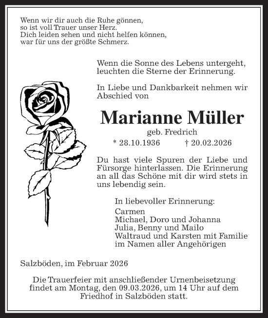 Traueranzeige von Marianne Müller von Giessener Allgemeine, Alsfelder Allgemeine, Giessener Anzeiger