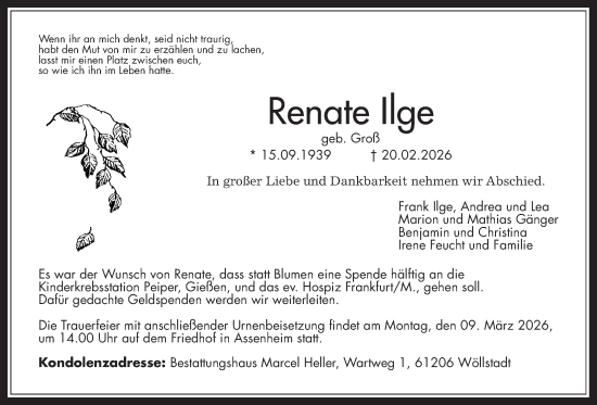 Traueranzeige von Renate Ilge von Wetterauer Zeitung