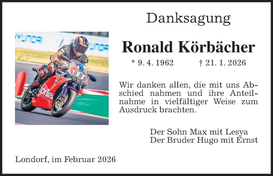 Traueranzeige von Ronald Körbächer von Giessener Allgemeine, Alsfelder Allgemeine, Giessener Anzeiger