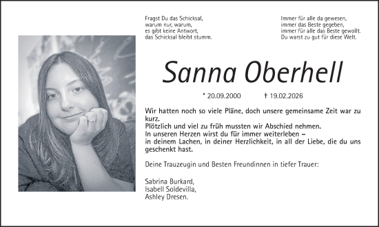 Traueranzeige von Sanna Oberhell von Wetterauer Zeitung