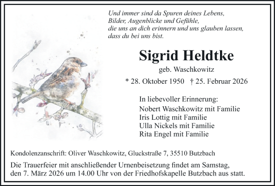 Traueranzeige von Sigrid Heldtke von Butzbacher Zeitung