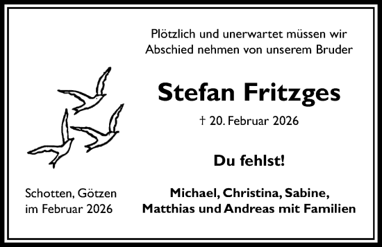 Traueranzeige von Stefan Fritzges von Kreis-Anzeiger