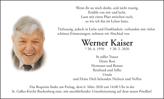 Traueranzeige von Werner Kaiser von Wetterauer Zeitung, Butzbacher Zeitung